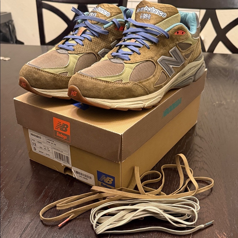 New Balance 990v3 Olive and Blue Sneakers 
Bodega